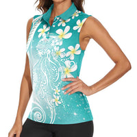 Polynesian Jellyfish Women Sleeveless Polo Shirt With Plumeria Teal