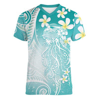 Polynesian Jellyfish Women V-Neck T-Shirt With Plumeria Teal