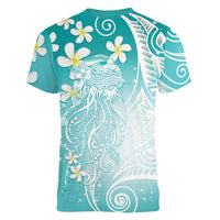 Polynesian Jellyfish Women V-Neck T-Shirt With Plumeria Teal