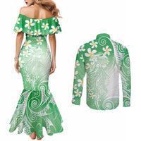 Polynesian Jellyfish Couples Matching Mermaid Dress and Long Sleeve Button Shirt With Plumeria Green