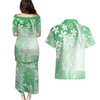 Polynesian Jellyfish Couples Matching Puletasi and Hawaiian Shirt With Plumeria Green