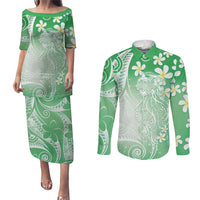 Polynesian Jellyfish Couples Matching Puletasi and Long Sleeve Button Shirt With Plumeria Green