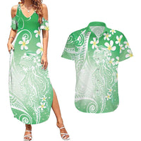 Polynesian Jellyfish Couples Matching Summer Maxi Dress and Hawaiian Shirt With Plumeria Green