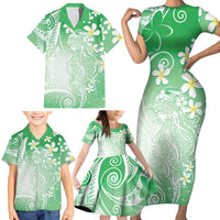 Polynesian Jellyfish Family Matching Short Sleeve Bodycon Dress and Hawaiian Shirt With Plumeria Green