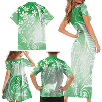 Polynesian Jellyfish Family Matching Short Sleeve Bodycon Dress and Hawaiian Shirt With Plumeria Green