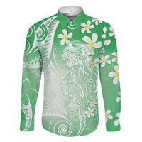 Polynesian Jellyfish Family Matching Short Sleeve Bodycon Dress and Hawaiian Shirt With Plumeria Green