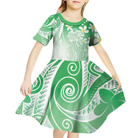 Polynesian Jellyfish Kid Short Sleeve Dress With Plumeria Green