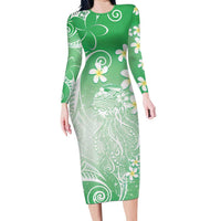 Polynesian Jellyfish Long Sleeve Bodycon Dress With Plumeria Green
