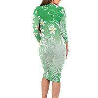 Polynesian Jellyfish Long Sleeve Bodycon Dress With Plumeria Green