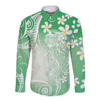 Polynesian Jellyfish Long Sleeve Button Shirt With Plumeria Green