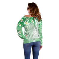 Polynesian Jellyfish Off Shoulder Sweater With Plumeria Green