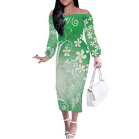 Polynesian Jellyfish Off The Shoulder Long Sleeve Dress With Plumeria Green