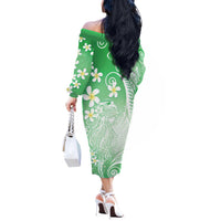 Polynesian Jellyfish Off The Shoulder Long Sleeve Dress With Plumeria Green