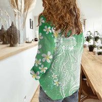 Polynesian Jellyfish Women Casual Shirt With Plumeria Green