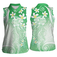 Polynesian Jellyfish Women Sleeveless Polo Shirt With Plumeria Green