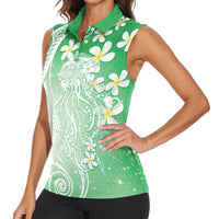 Polynesian Jellyfish Women Sleeveless Polo Shirt With Plumeria Green