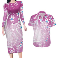 Polynesian Jellyfish Couples Matching Long Sleeve Bodycon Dress and Hawaiian Shirt With Plumeria Pink