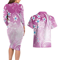Polynesian Jellyfish Couples Matching Long Sleeve Bodycon Dress and Hawaiian Shirt With Plumeria Pink