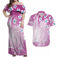 Polynesian Jellyfish Couples Matching Off Shoulder Maxi Dress and Hawaiian Shirt With Plumeria Pink