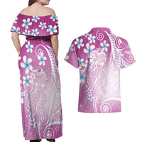 Polynesian Jellyfish Couples Matching Off Shoulder Maxi Dress and Hawaiian Shirt With Plumeria Pink