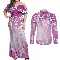 Polynesian Jellyfish Couples Matching Off Shoulder Maxi Dress and Long Sleeve Button Shirt With Plumeria Pink