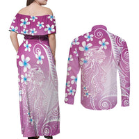 Polynesian Jellyfish Couples Matching Off Shoulder Maxi Dress and Long Sleeve Button Shirt With Plumeria Pink