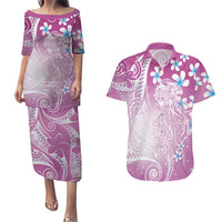 Polynesian Jellyfish Couples Matching Puletasi and Hawaiian Shirt With Plumeria Pink