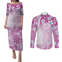Polynesian Jellyfish Couples Matching Puletasi and Long Sleeve Button Shirt With Plumeria Pink
