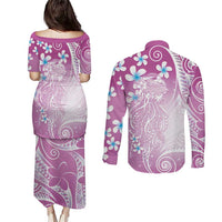 Polynesian Jellyfish Couples Matching Puletasi and Long Sleeve Button Shirt With Plumeria Pink