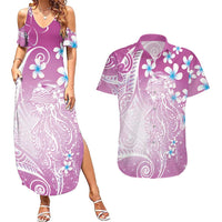 Polynesian Jellyfish Couples Matching Summer Maxi Dress and Hawaiian Shirt With Plumeria Pink