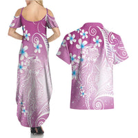 Polynesian Jellyfish Couples Matching Summer Maxi Dress and Hawaiian Shirt With Plumeria Pink