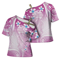 Polynesian Jellyfish Cross Shoulder Shirt With Plumeria Pink