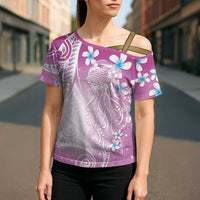 Polynesian Jellyfish Cross Shoulder Shirt With Plumeria Pink