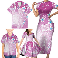 Polynesian Jellyfish Family Matching Short Sleeve Bodycon Dress and Hawaiian Shirt With Plumeria Pink