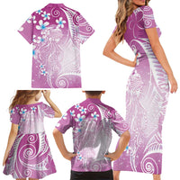 Polynesian Jellyfish Family Matching Short Sleeve Bodycon Dress and Hawaiian Shirt With Plumeria Pink