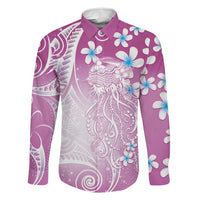 Polynesian Jellyfish Family Matching Short Sleeve Bodycon Dress and Hawaiian Shirt With Plumeria Pink