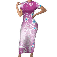 Polynesian Jellyfish Family Matching Short Sleeve Bodycon Dress and Hawaiian Shirt With Plumeria Pink