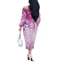 Polynesian Jellyfish Off The Shoulder Long Sleeve Dress With Plumeria Pink