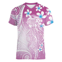 Polynesian Jellyfish Women V-Neck T-Shirt With Plumeria Pink