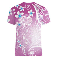 Polynesian Jellyfish Women V-Neck T-Shirt With Plumeria Pink