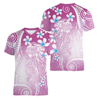 Polynesian Jellyfish Women V-Neck T-Shirt With Plumeria Pink