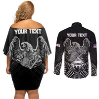 American Samoa Flag Day Couples Matching Off Shoulder Short Dress and Long Sleeve Button Shirt Bald Eagle With Polynesian Pattern