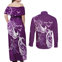Personalised Fibromyalgia Awareness Couples Matching Off Shoulder Maxi Dress and Long Sleeve Button Shirt Polynesian Purple Ribbon
