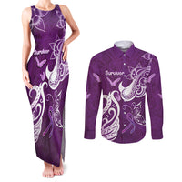 Personalised Fibromyalgia Awareness Couples Matching Tank Maxi Dress and Long Sleeve Button Shirt Polynesian Purple Ribbon