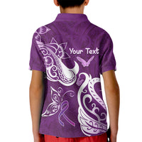 Personalised Fibromyalgia Awareness Kid Polo Shirt Polynesian Purple Ribbon