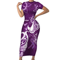 Personalised Fibromyalgia Awareness Short Sleeve Bodycon Dress Polynesian Purple Ribbon LT05 Long Dress Purple - Polynesian Pride