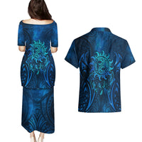 New Zealand Dream Catcher Couples Matching Puletasi and Hawaiian Shirt Maori Koru Pattern Blue Version LT05 - Polynesian Pride