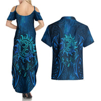 New Zealand Dream Catcher Couples Matching Summer Maxi Dress and Hawaiian Shirt Maori Koru Pattern Blue Version LT05 - Polynesian Pride