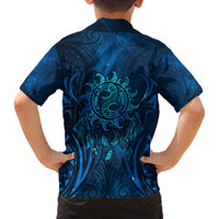 New Zealand Dream Catcher Family Matching Off Shoulder Short Dress and Hawaiian Shirt Maori Koru Pattern Blue Version