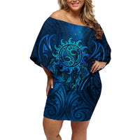 New Zealand Dream Catcher Family Matching Off Shoulder Short Dress and Hawaiian Shirt Maori Koru Pattern Blue Version